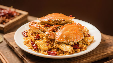 Fried rice with crab in a plate on a wooden table.の写真素材