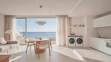 Interior of a modern living room with a sea view. 3d rendering