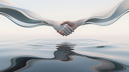 Partnership concept. Handshake on water. 3D renderingの写真素材