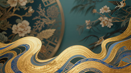 3d illustration of a blue background with gold and floral elements.の写真素材