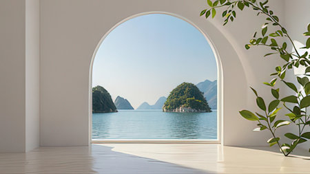 white room with sea view from the window,3d rendering.の写真素材