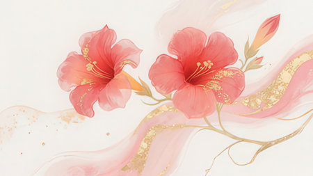 Pink hibiscus flowers on a white background with gold paint.の写真素材