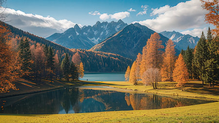Colorful autumn landscape with alpine lake and mountains in the backgroundの写真素材