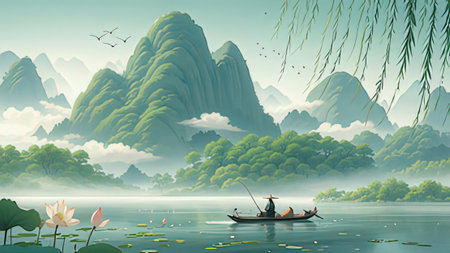 Fantasy landscape with a boat on the lake. Vector illustration.の写真素材