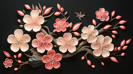 Paper art cherry blossom. Vector illustration. Cherry blossom on black background.の写真素材