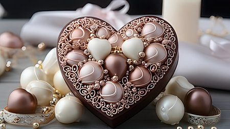 Heart-shaped chocolate candies on wooden table, closeup view