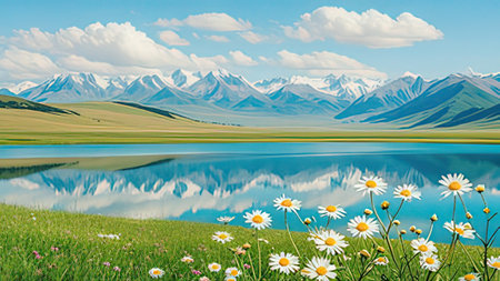 Beautiful spring landscape with lake, mountain and blue sky background.の写真素材