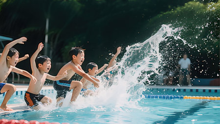 Group of asian children jumping in the swimming pool at summertimeの写真素材