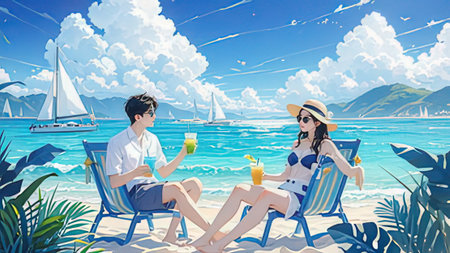 Couple sitting on the beach with a glass of orange juice.の写真素材