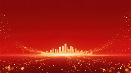 Abstract red background with city skyline and particles. 3D Renderingの写真素材