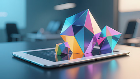 Tablet computer with colorful low polygonal building on table. 3D renderingの写真素材