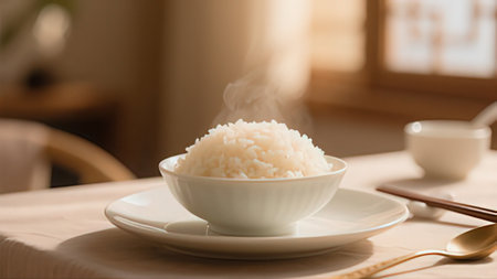 boiled rice in a white bowl on the table with spoon and chopsticksの写真素材