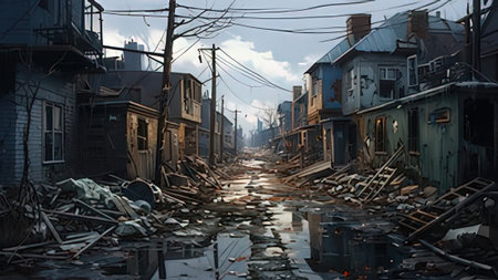 Destroyed buildings in the middle of the city. 3d rendering