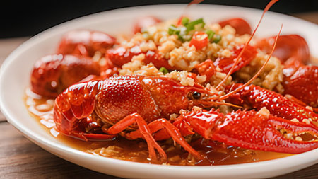 Boiled crayfish in sweet and sour sauce on white plateの写真素材