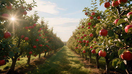 Apple orchard with ripe red apples in orchard, healthy food