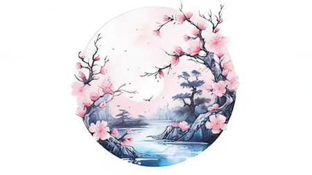 Watercolor painting of cherry blossom and lake on white background.の写真素材