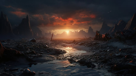 Fantasy alien planet. Mountain and lake. 3D illustration.の写真素材