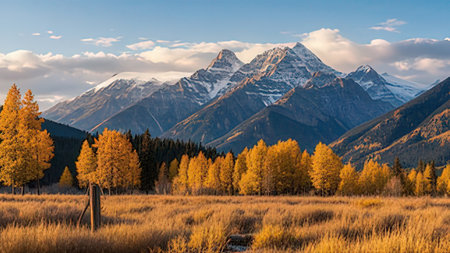Autumn alpine scenery with yellow larches and snowcapped mountains