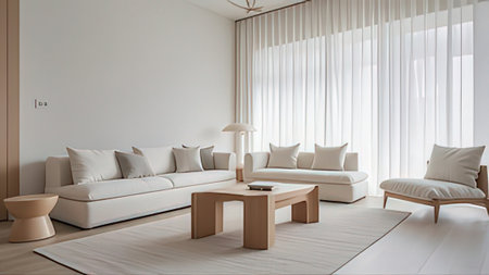 interior of modern bright living room with white sofa and coffee tableの写真素材