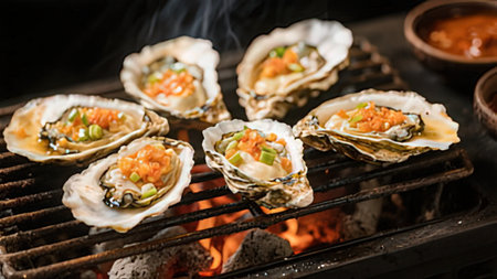 Oysters on the grill with hot sauce, close-up