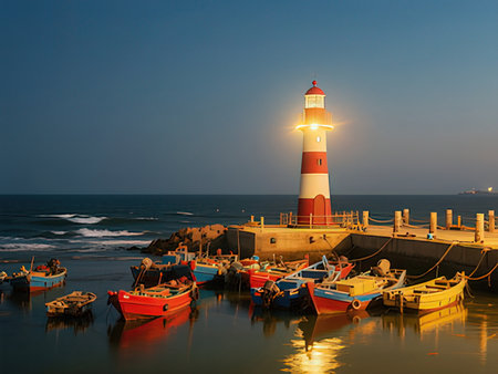 Fishing boats and lighthouse in the harbor at night, Taipei, Taiwanの写真素材
