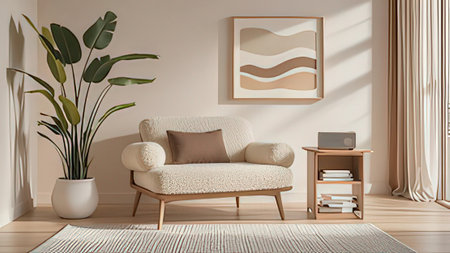 Living room with sofa, bookshelf and plant - 3d rendering
