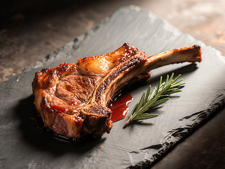 Roasted lamb chops with rosemary on black slate plate over wooden background