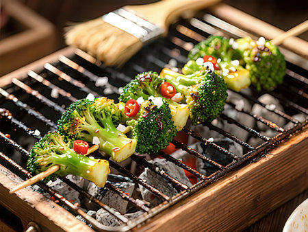 Grilled broccoli skewers with salt and pepper on a barbecue grillの写真素材
