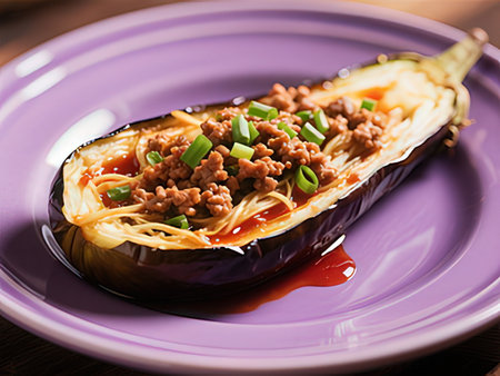 Eggplant with minced meat and tomato sauce on a purple plateの写真素材