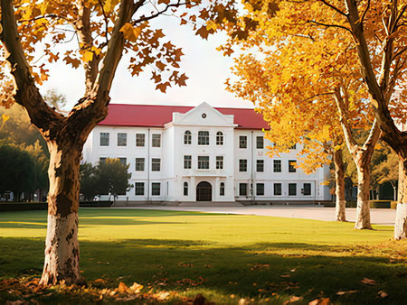 Old school building in the autumn park. Autumn landscape. Autumn trees