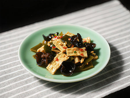 Korean food, Seaweed salad with soy sauce on plateの写真素材