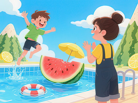 Boy and girl playing in the swimming pool with watermelon and umbrellaの写真素材