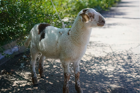 White goat on a leash in the village, close-up portraitの写真素材