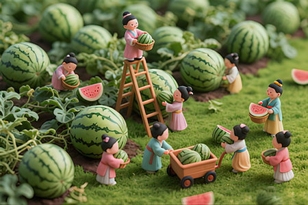 Miniature people working on watermelon farm. Concept of agriculture.の写真素材