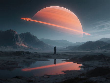 Fantasy alien planet. 3D illustration. Sunset over the ocean.の写真素材