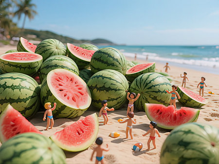 Miniature people on the beach with watermelons. Summer vacation concept.の写真素材
