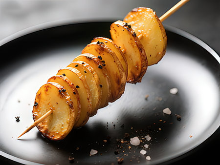 Fried potatoes on wooden skewers on black plate, closeupの写真素材