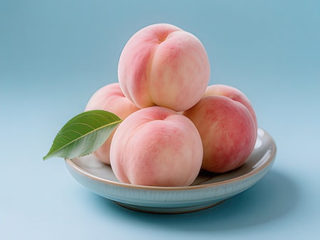Ripe peaches in a plate on a blue background, close-upの写真素材
