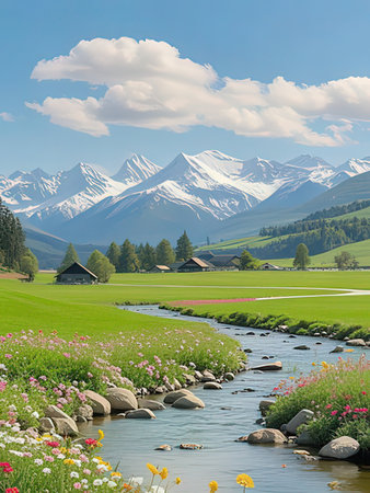 Alpine meadow and snow capped mountains in the background, Switzerlandの写真素材