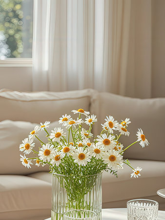 Bouquet of daisies in a vase on the tableの写真素材