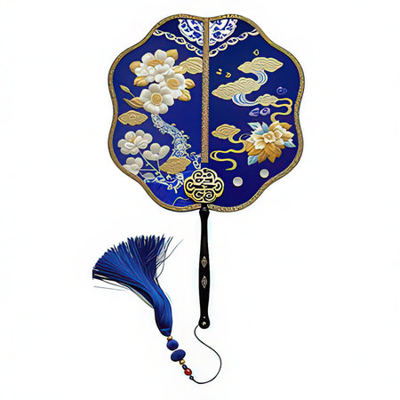 Chinese paper fan with gold and blue pattern isolated on white background.