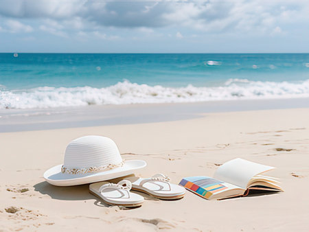 Straw hat, flip flops and book on the beach with sea backgroundの写真素材