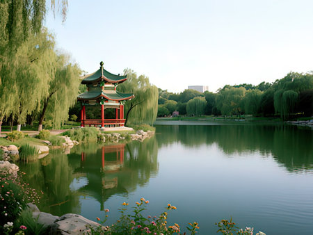Chinese pavilion by the lake in the park, closeup of photoの写真素材
