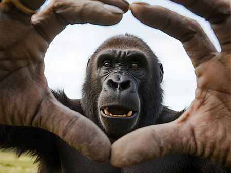 Gorilla making a heart with his hands, in a zoo