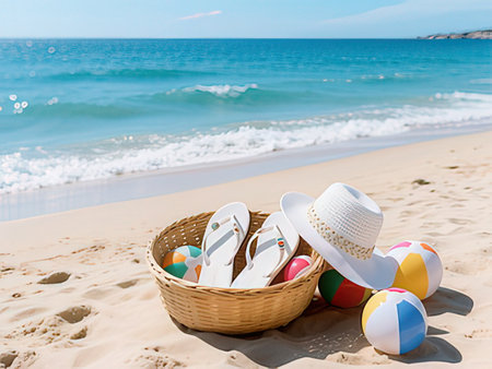 Beach accessories in basket on sand near sea. Summer vacation conceptの写真素材