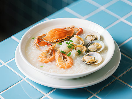 rice porridge with seafood in a white bowl on a blue tile backgroundの写真素材