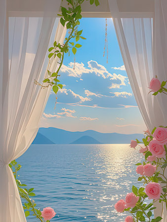 Romantic scene with roses and curtains on the background of the sea