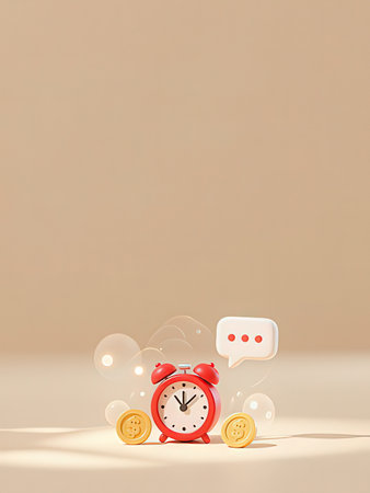 Alarm clock with speech bubbles on pastel background. Time is money concept.