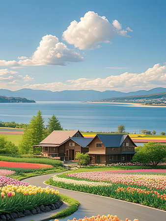 Tulip fields and wooden house on the background of the lakeの写真素材