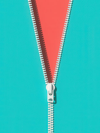Zipper on blue background. Flat lay, top view minimal conceptの写真素材
